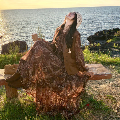 【ワンピース】ブラウン 花柄 長袖ワンピース ベスト付きセット レディース 2025秋新作 旅行 リゾート【SHシリーズ】