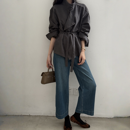 【トップス】春 秋 冬 ハイネック ウエストベルベット調 リボン シャツ 【JZシリーズ】