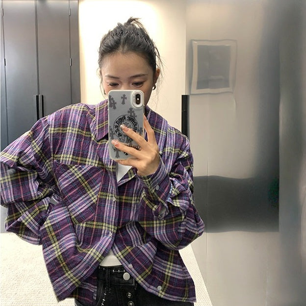 【トップス】こなれ感 バックリボン パープル チェック シャツ 【FCシリーズ】