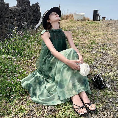 【ワンピース】夏新作  リラックス感漂うリゾートロングドレス 切り替え ノースリーブワンピース【SHシリーズ】