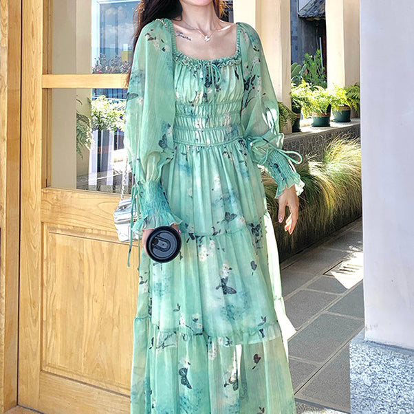 【ワンピース】超美 春夏秋 高級感 フリル付き プリント 長袖ワンピース【SHシリーズ】