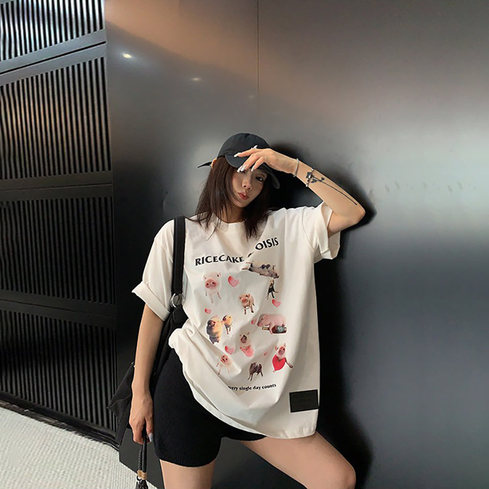 【トップス】Tシャツ レディース コットン100% カートゥーン アブストラクトプリント オーバーサイズ ヴィンテージ風 半袖【FCシリーズ】