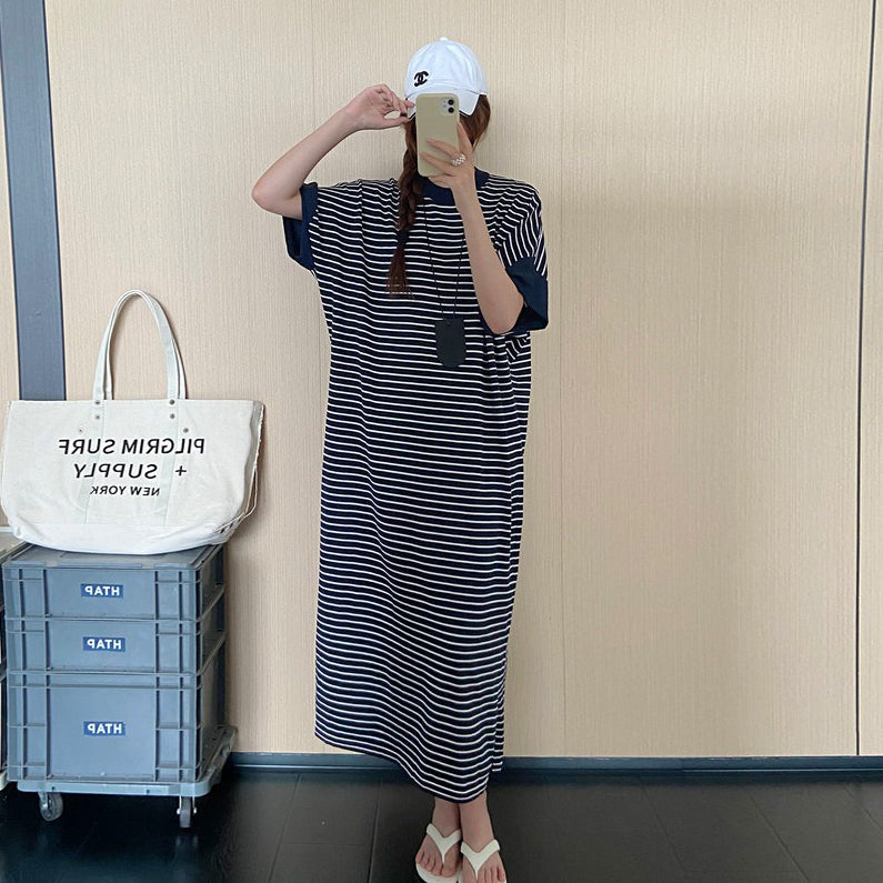 【ワンピース】ボーダーTシャツワンピース レディース 夏 半袖 ロング丈 ゆったりシルエット 体型カバー 着痩せ 大人カジュアル【JZシリーズ】
