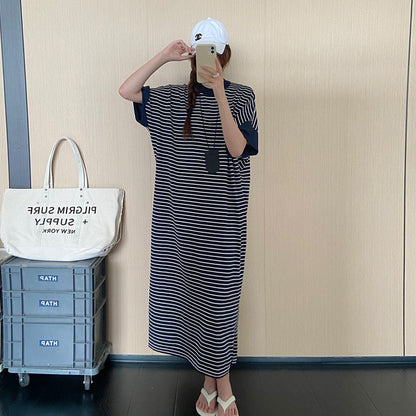 【ワンピース】ボーダーTシャツワンピース レディース 夏 半袖 ロング丈 ゆったりシルエット 体型カバー 着痩せ 大人カジュアル【JZシリーズ】
