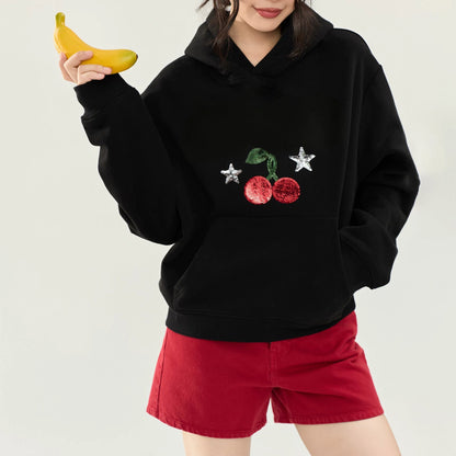 【トップス】🍒チェリー＆スパンコールスターパーカー レディース 秋新作 ブラック ショート丈 ゆったり カジュアル【FCシリーズ】