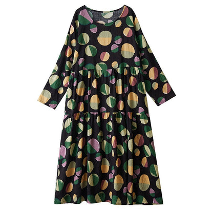 【ワンピース】ドット柄 クルーネック 長袖ワンピース ゆったり 大きいサイズ ボヘミアン リゾート風【SHシリーズ】