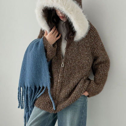 【アウター】ニットカーディガン レディース 秋冬 ふんわり 取り外し可能ファー付き【JZシリーズ】