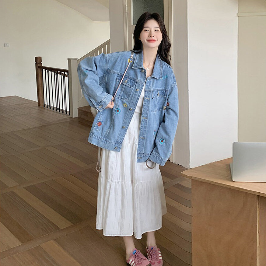 【アウター】ヴィンテージ BF風 刺繍 デニムジャケット レディース 春秋 韓国風 大人気 トレンド キュートカジュアル【SHシリーズ】