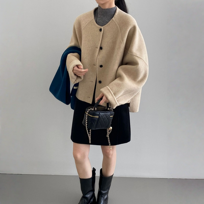 【アウター】春 秋 冬 ウール アルパカ ショート丈 ゆったり ラウンドネック ジャケット 【JZシリーズ】