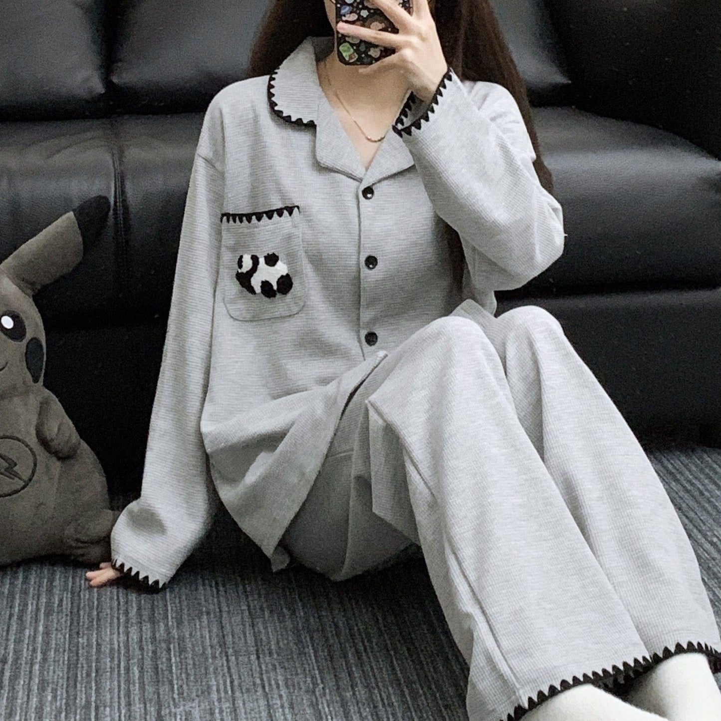 【インナー】ワッフルチェック パンダ コットン素材 長袖長ズボン ルームウェア レディース/メンズ ペア対応 春