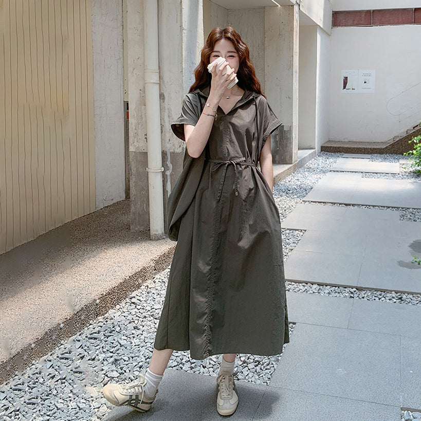 【ワンピース】今季大注目 アメカジ感漂う 半袖 ワークワンピース フード付きロング丈 夏【JZシリーズ】