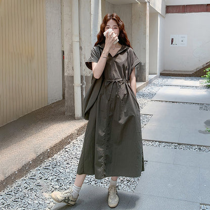 【ワンピース】今季大注目 アメカジ感漂う 半袖 ワークワンピース フード付きロング丈 夏【JZシリーズ】