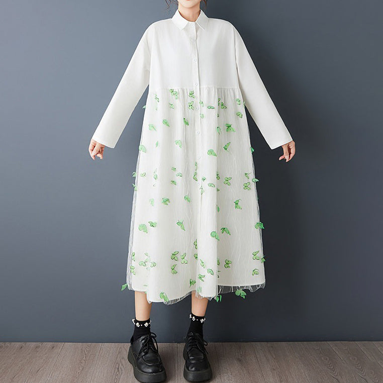 期間限定⭐️60%OFF【ワンピース】春秋新作 ワイドシルエット 大きいサイズ 花柄プリント チュール切り替え シャツワンピース 長袖 ロング丈 甘めナチュラル【AHシリーズ】