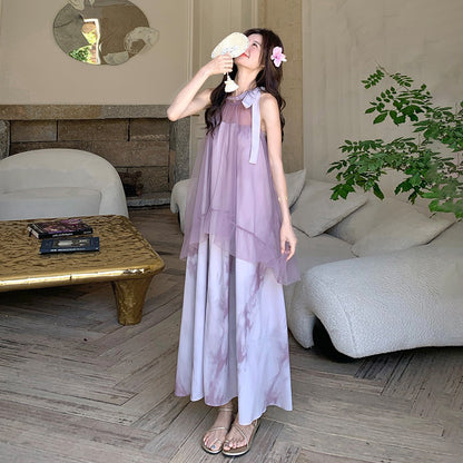 【ワンピース】フレンチ温柔感 フェイクツーインワンピース ノースリーブドレス【SHシリーズ】