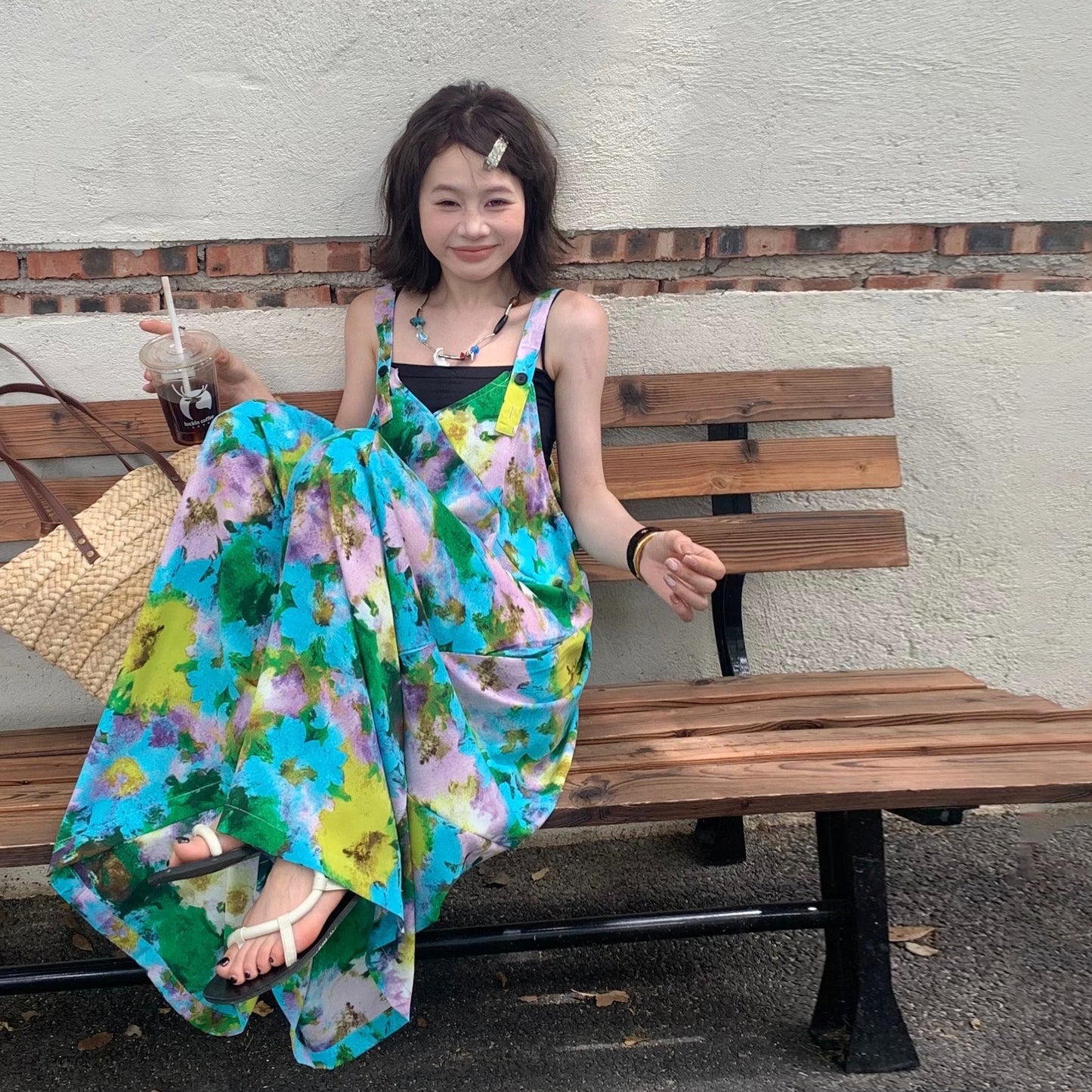 【ボトムス】夏新作 清涼感Vネック ゆったりワイドシルエット オールインワン【SHシリーズ】