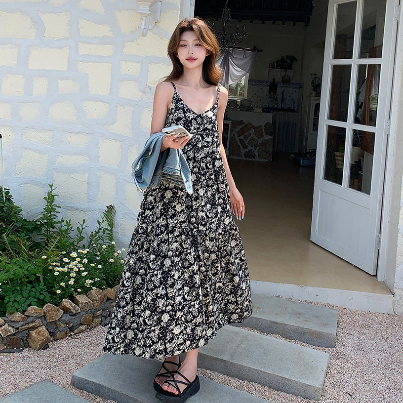 2点セット！【セットアップ】爽やか塩系コーデ◎デニムベスト＋花柄ノースリーブワンピースセット 韓国風リゾートスタイル【SHシリーズ】