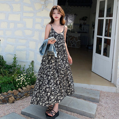 2点セット！【セットアップ】爽やか塩系コーデ◎デニムベスト＋花柄ノースリーブワンピースセット 韓国風リゾートスタイル【SHシリーズ】