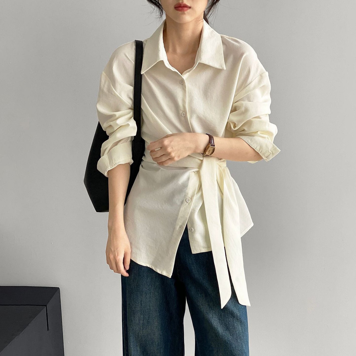 【トップス】ウエストマークで細見え！韓国風デザイン性たっぷりサイドリボンシャツ レディース 通勤エレガント長袖シャツ【JZシリーズ】
