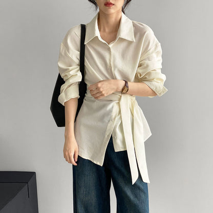 【トップス】ウエストマークで細見え！韓国風デザイン性たっぷりサイドリボンシャツ レディース 通勤エレガント長袖シャツ【JZシリーズ】