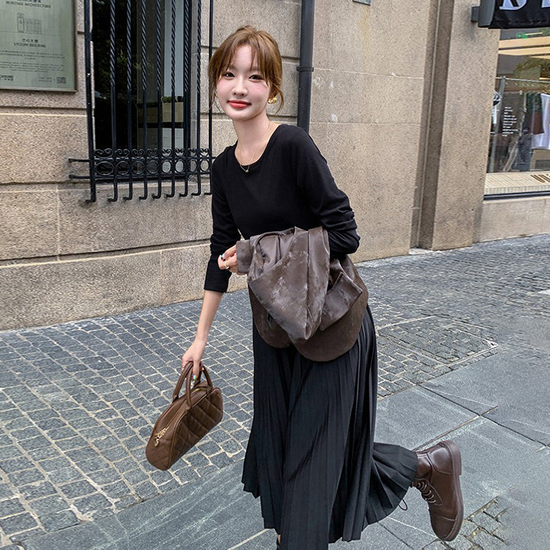 2点セット！【セットアップ】フレンチデザイン プリーツワンピース＋ベスト セット 秋新作 大人カジュアル ファッションコーデ【JZシリーズ】