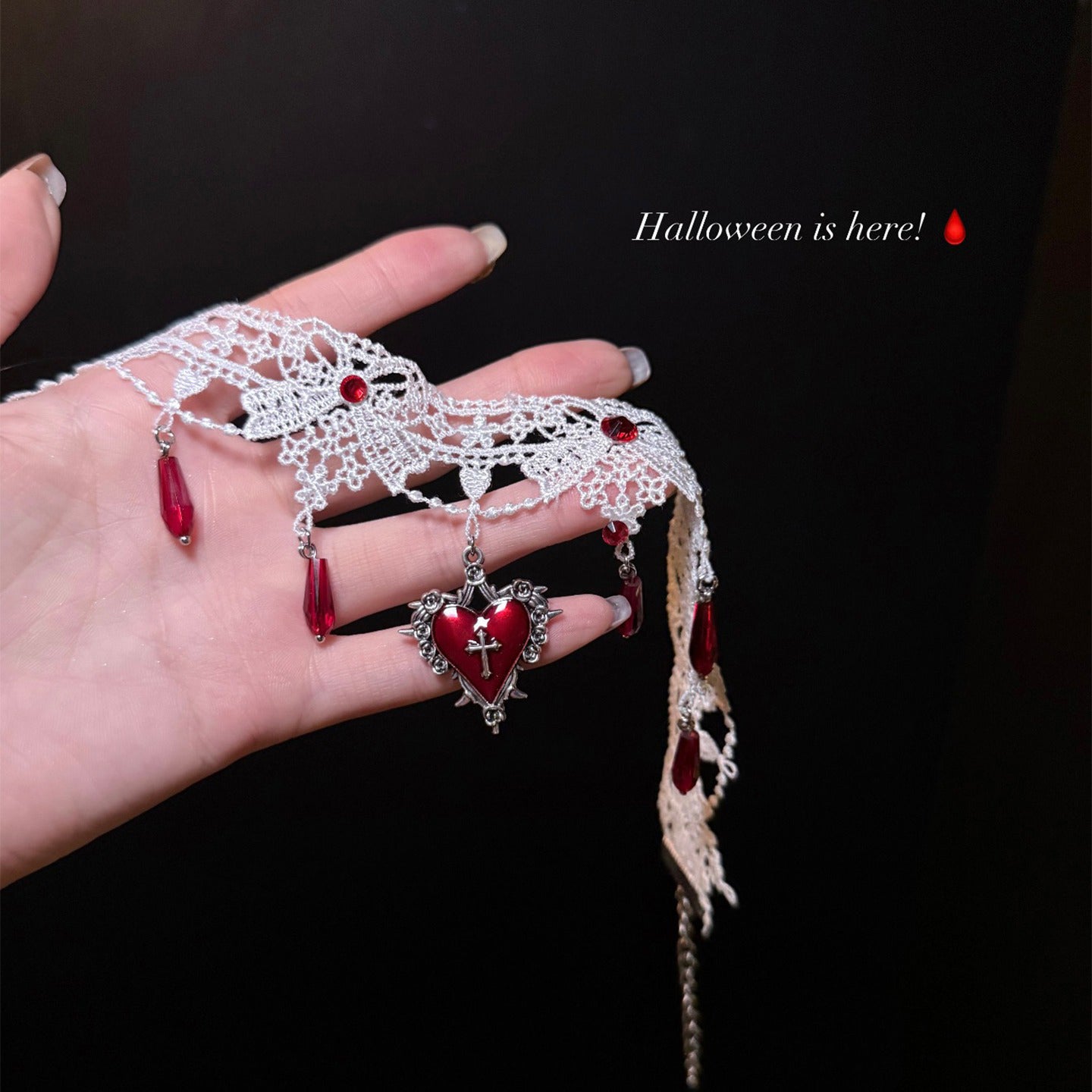 【ハロウィン】血の月の契約 ゴシック風 レースチョーカー ハートクロス ネックレス コスプレ花嫁