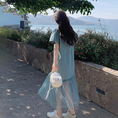 【ワンピース】クール系ハイセンス 配色デザイン デニム切替 半袖ワンピース【SHシリーズ】