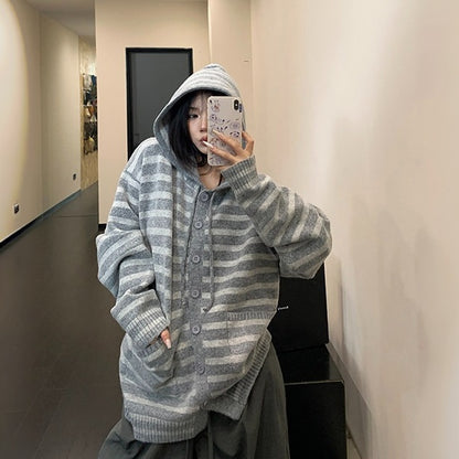 【アウター】リラックス感 厚手 ボーダー柄 フード付き ニット セーター ジャケット 【FCシリーズ】