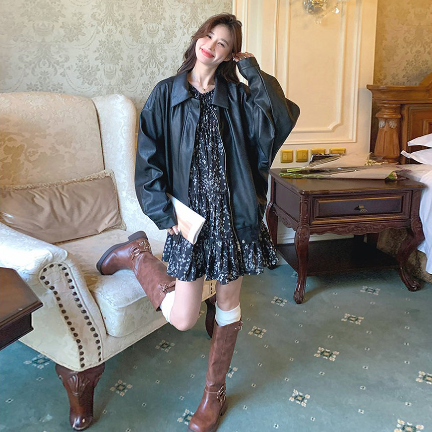 【ワンピース】レトロ ブラック花柄 長袖ワンピース レディース 春秋 ドールワンピース Aライン 大人可愛い 上品【SHシリーズ】