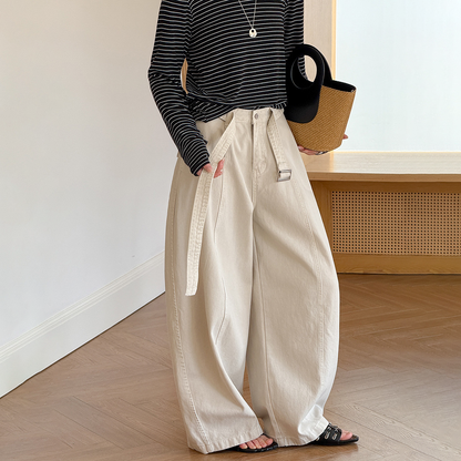 【ボトムス】ベルト付き ハイウエスト 美脚パンツ レディース 春新作 脚長デニム ゆったり カジュアル ジーンズ【JZシリーズ】