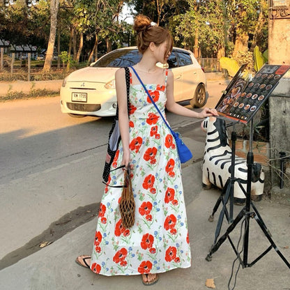 M~4XL【セットアップ】【単品注文】レトロ花柄キャミワンピース レディース 夏 ロング丈 Aラインワンピース カントリースタイル ウエストシェイプ【SHシリーズ】