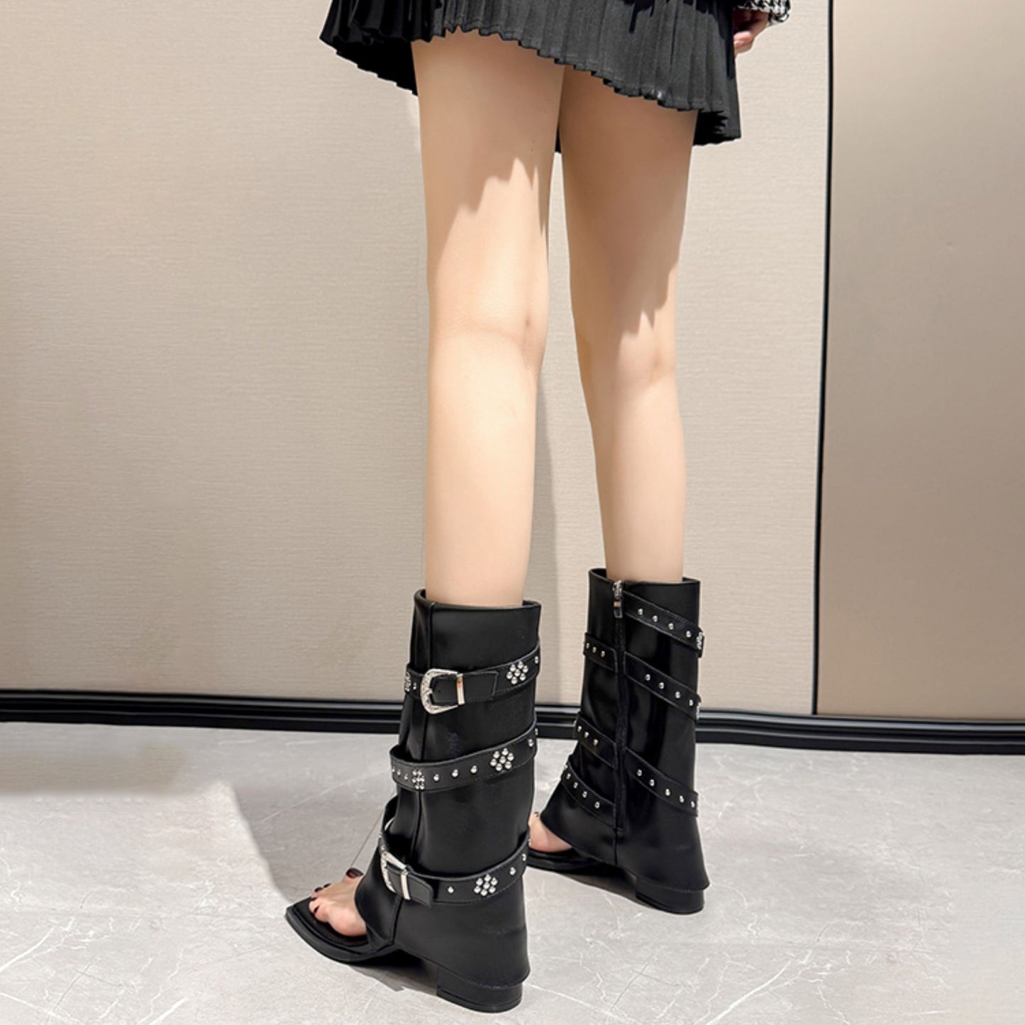 【シューズ】パンク風 サンダルブーツ｜太ヒール×ジーンズブーツ風｜レディース夏靴