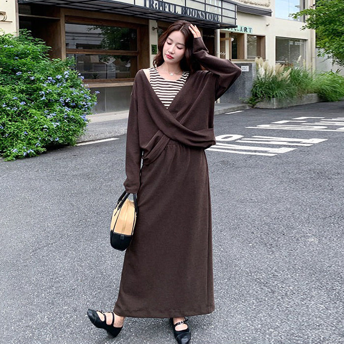 復古咖啡色設計感針織上衣＋開衩半身裙｜寬鬆慵懶休閒穿搭【JZ系列】