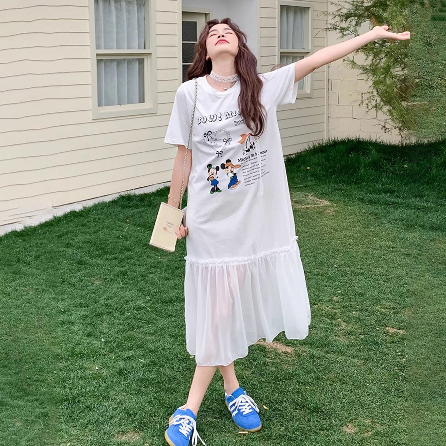 【ワンピース】ゆるかわキャラ柄Tシャツ 半袖 ワンピース 配色デザインで注目度UP【JZシリーズ】