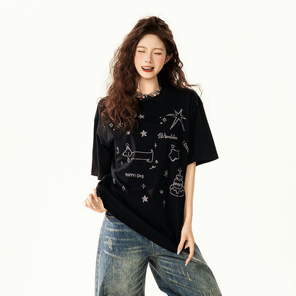 【トップス】グラフィティ Tシャツ レディース 夏 半袖 ラインストーン ゆったり オーバーサイズ 人気 カジュアル【FCシリーズ】