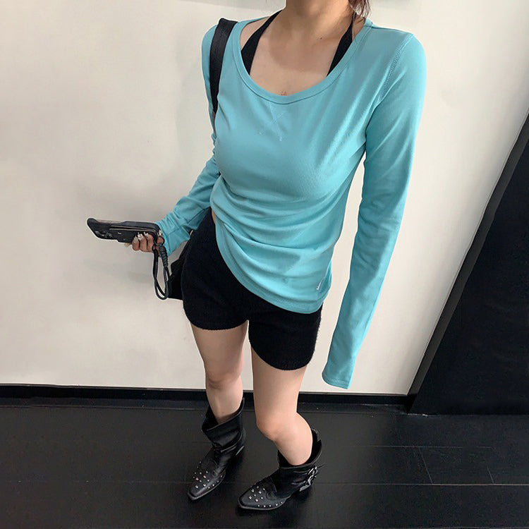 【トップス】ミニマルデザイン長袖Tシャツ レディース スリムシルエット 薄手 カットソー【FCシリーズ】