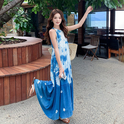 【ワンピース】夏新作 フレンチスタイル タイダイ柄 ノースリーブワンピース 着痩せ効果抜群【SHシリーズ】