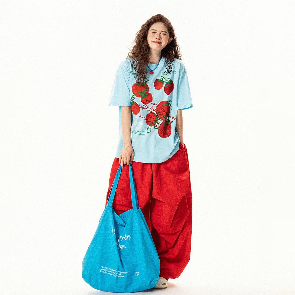 【トップス】レトロ趣味 トマト＆ロゴプリント 半袖Tシャツ レディース 夏 ゆったり カジュアル【FCシリーズ】【15〜20日発送】