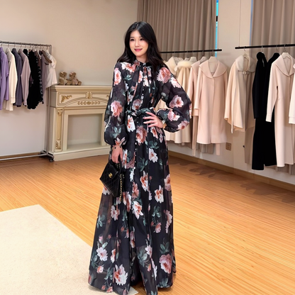 【ワンピース】通勤スタイル 小花柄 ハイネック バルーンスリーブ ロングワンピース 【SHシリーズ】