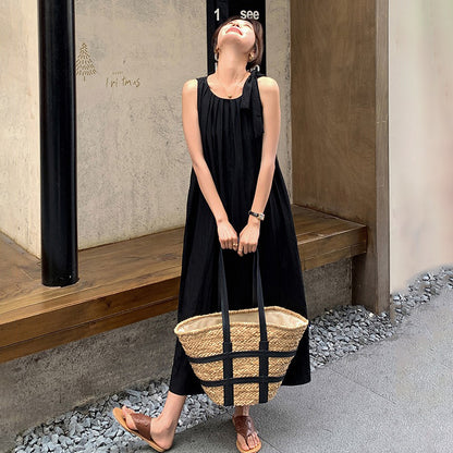 【ワンピース】バックオープン ドットワンピース 夏 ヘップバーン風 ユニークデザイン ノースリーブワンピース【SHシリーズ】