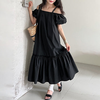 【ワンピース】韓国風スウィート 夏新作 オフショルダー パフスリーブ 半袖ワンピース【SNシリーズ】