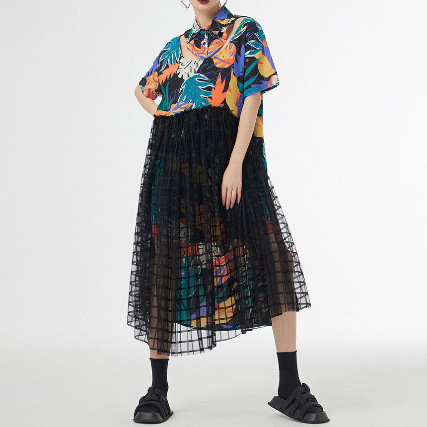 【ワンピース】モード系 ネックシアー切替 半袖ワンピース レディース 夏 ロングワンピース Aライン ゆったり 上品 デザイン性【SHシリーズ】