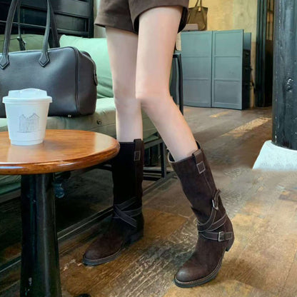 【シューズ】美脚見え ポインテッドトゥ ベルト ミドルライダーブーツ