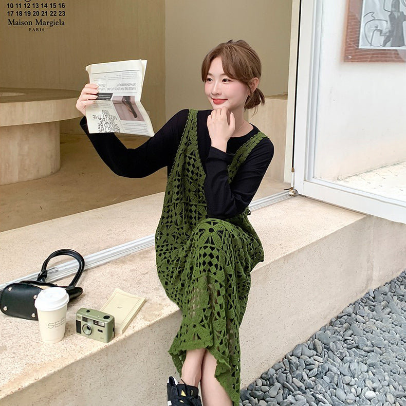 【セットアップ】透かし編みニットワンピースセット レイヤード風 レディース 韓国風 雰囲気2点セット【JZシリーズ】