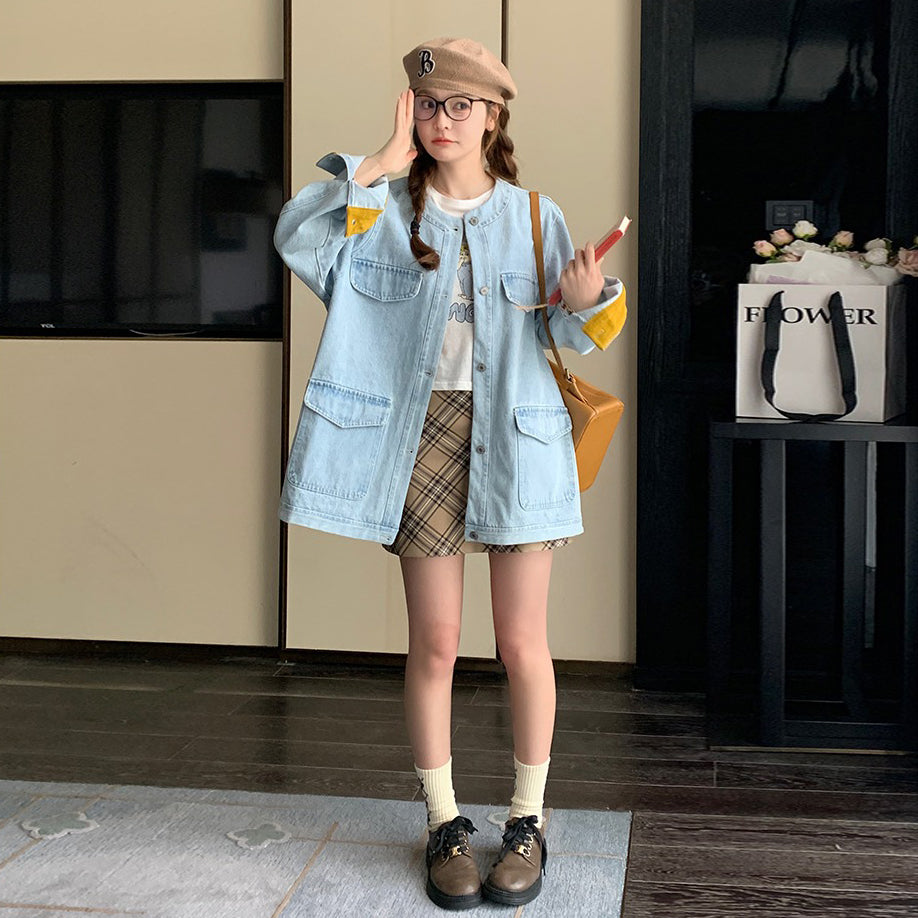 【アウター】ライトブルー デニムジャケット レディース 春秋 韓国風 カジュアル ウォッシュ加工 ゆったり【JZシリーズ】