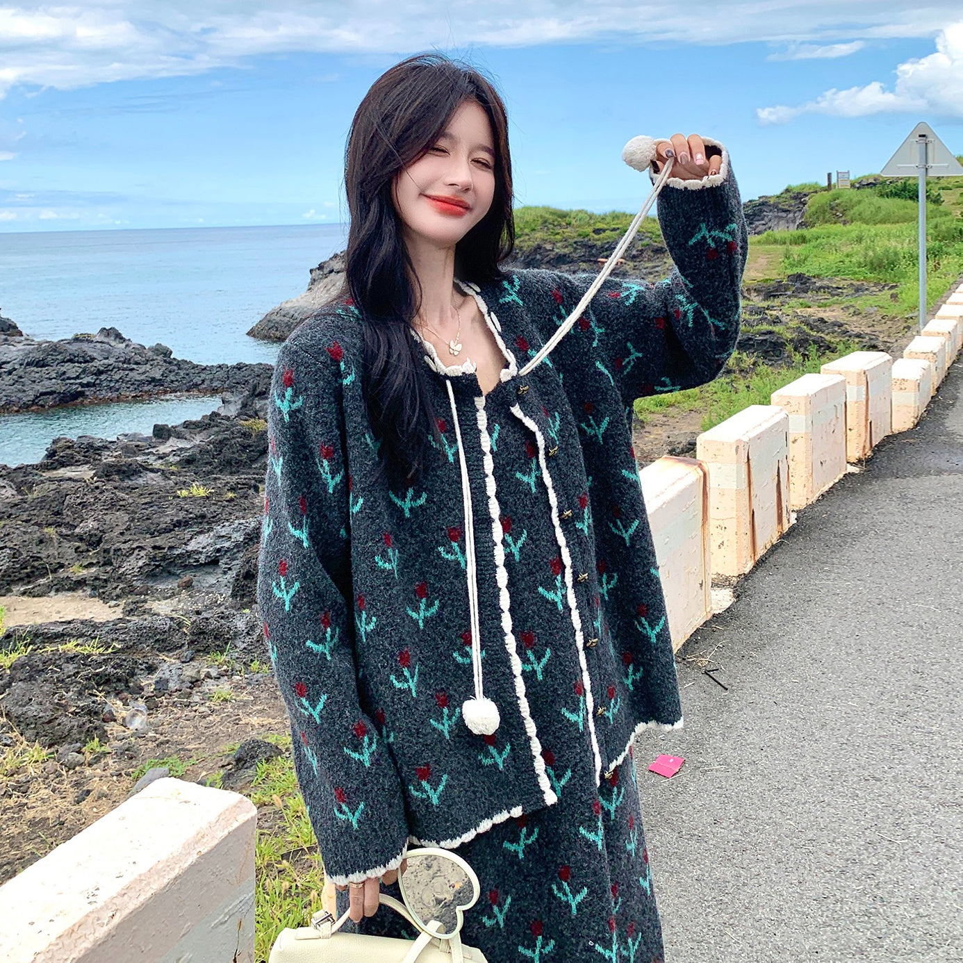 【セットアップ】花柄 ニットノースリーブワンピース + カーディガン セットアップ レディース 春秋 上品可愛い おしゃれ 2点セット【SHシリーズ】