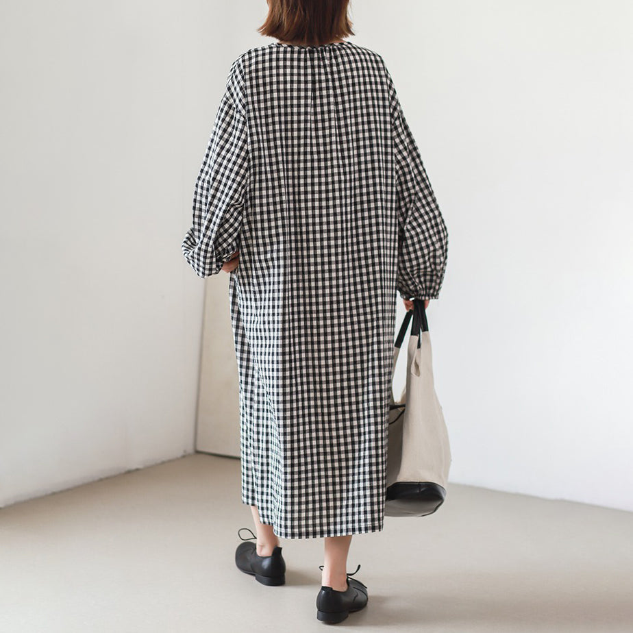 【24AW】【15～20日内発送】【ワンピース】レトロ チェック柄 大きいサイズ ゆったり 長袖ワンピース