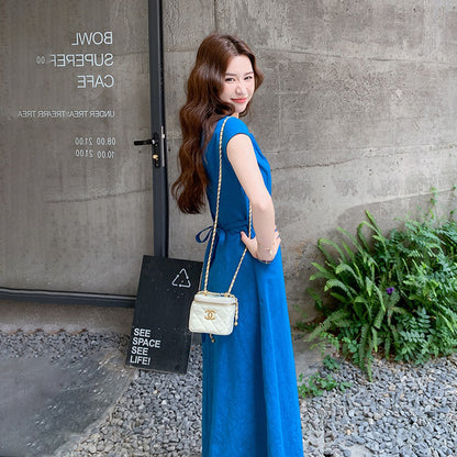 【ワンピース】エレガント な 雰囲気 ウエストシェイプ 夏用 レース風 ディテール クルーネック ノースリーブ ドレス【JZシリーズ】