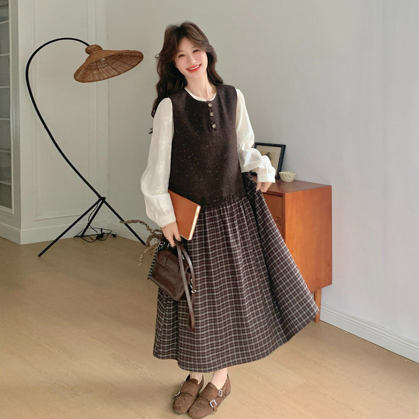 【ワンピース】レース刺繍 シャツ+ノースリーブワンピース 2点セット チェック柄 配色切替【JZシリーズ】