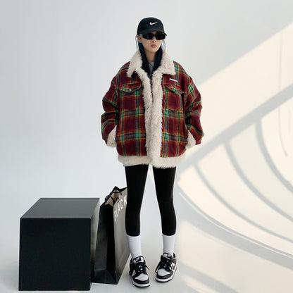 【アウター】秋冬 レトロ ゆったり 厚い保温 切り替えし チェック柄 ジャケット【FCシリーズ】