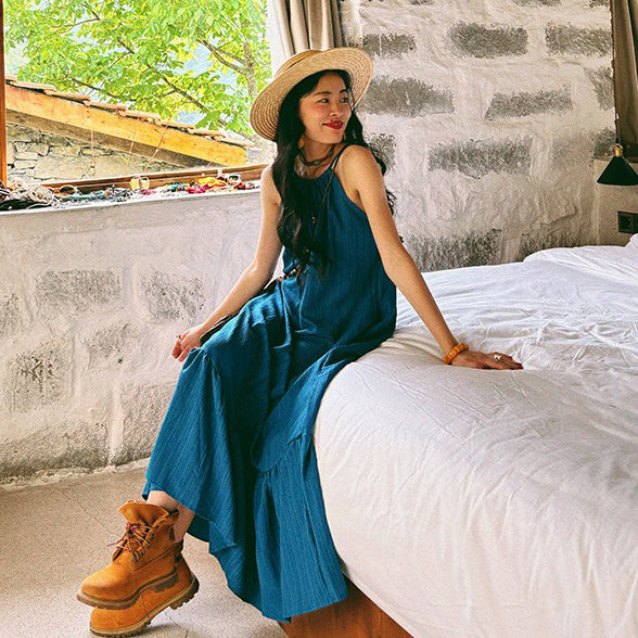 【ワンピース】ビーチリゾート 夏 ヴィンテージ風 ゆったり 無地ノースリーブワンピース【JZシリーズ】